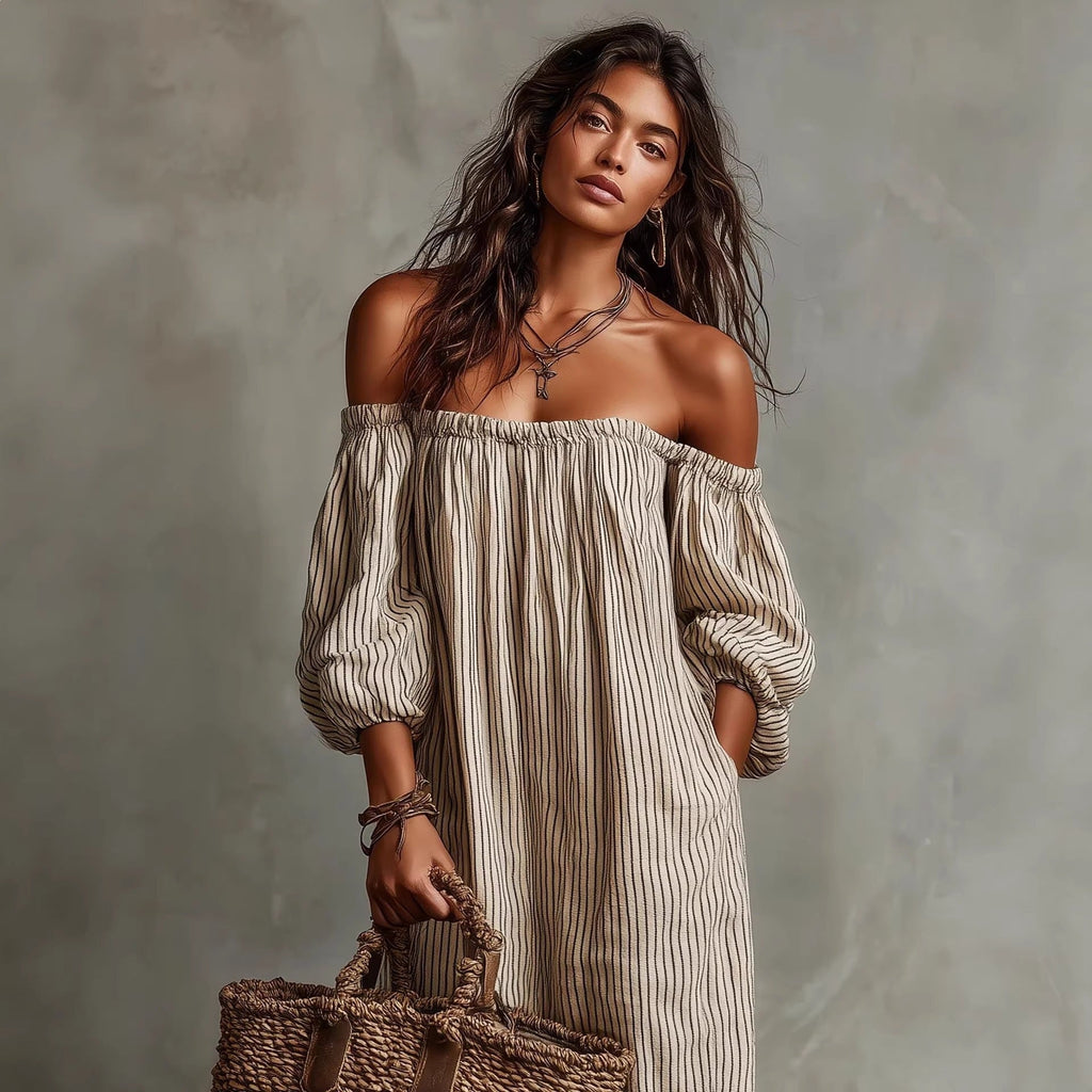 Striped Off-Shoulder Long-Sleeve Maxi Dress for Women - Image 3