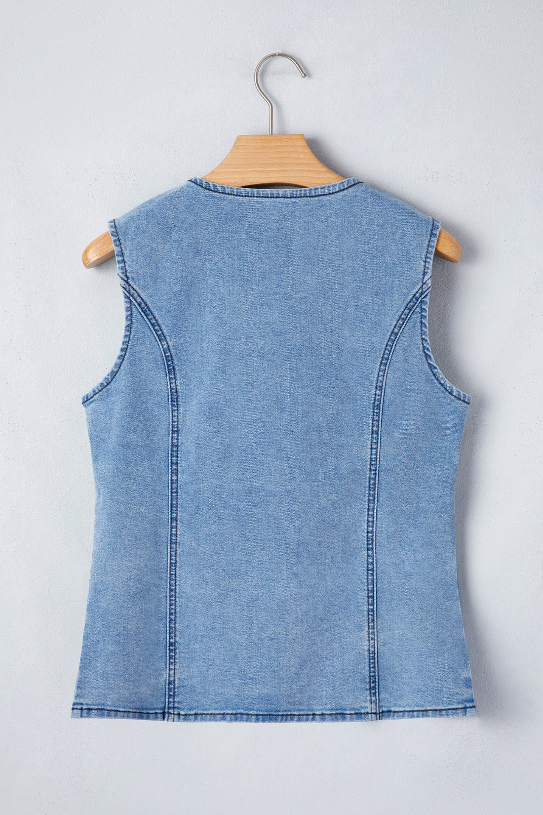 Solid Denim Buttoned Front Slit Vest - Blue and Black