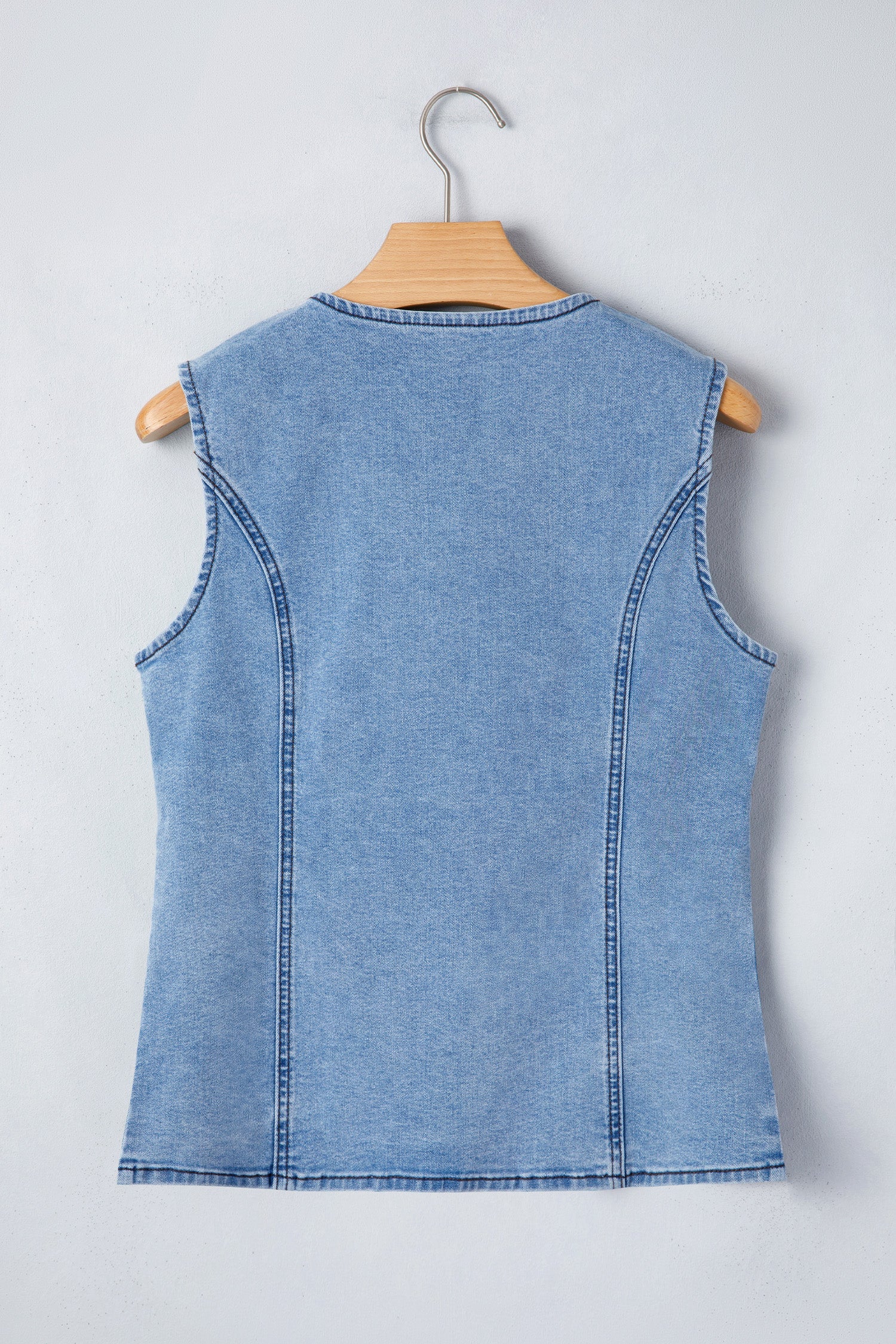 Solid Denim Buttoned Front Slit Vest - Blue and Black