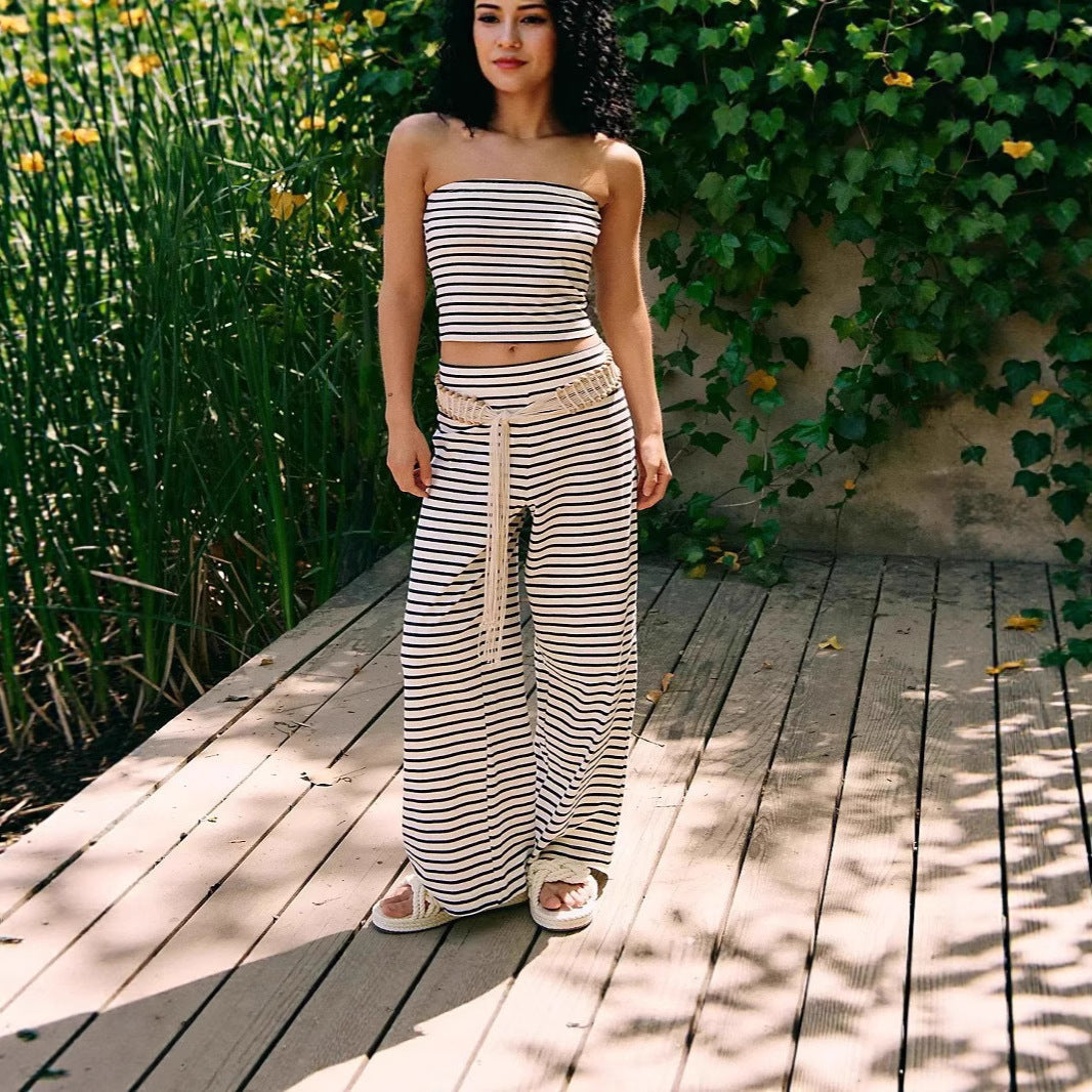 Women's Striped Modal Tube Top and Wide Leg Pants Set - Image 4