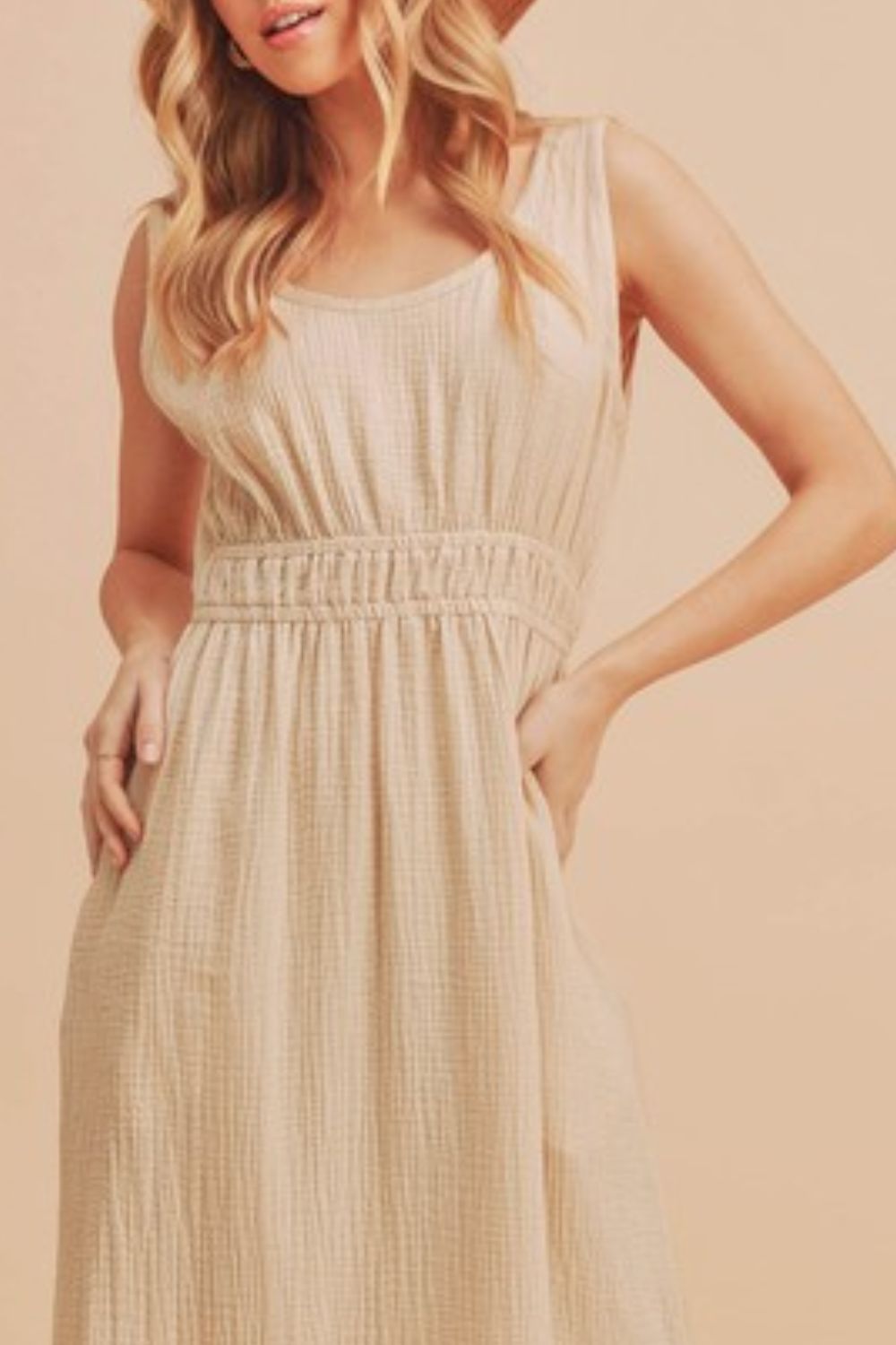 Beige Round Neck Sleeveless Maxi Tank Dress with Slits