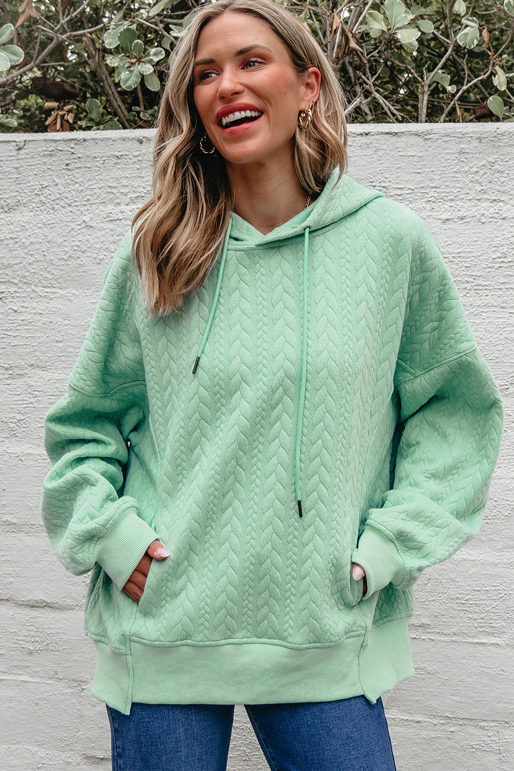 Solid Cable Textured Long Sleeve Baggy Hoodie