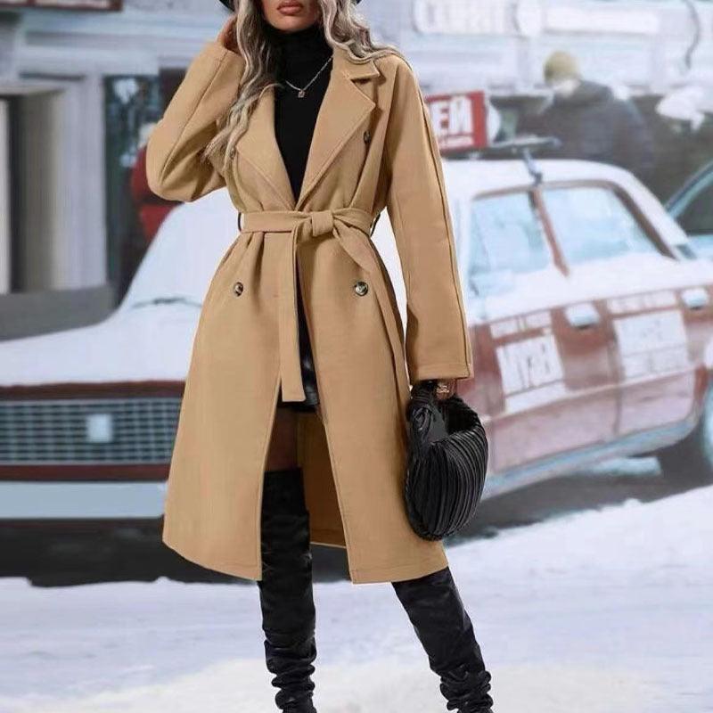 Women's Double-Breasted Trench Coat with Belt Minimalist Outerwear