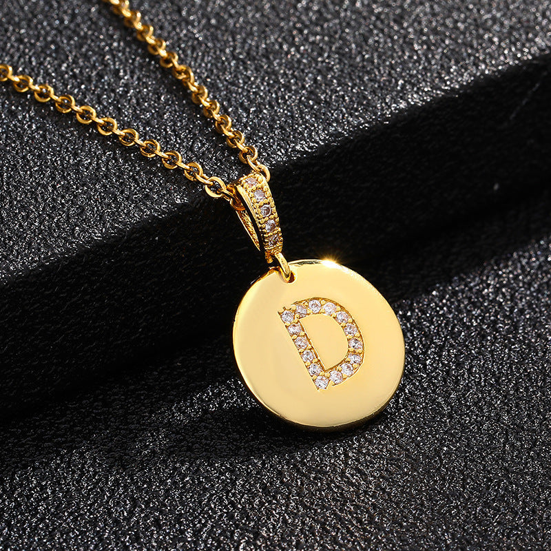 Gold Plated Zircon Initial Disc Necklace Personalized Pendant