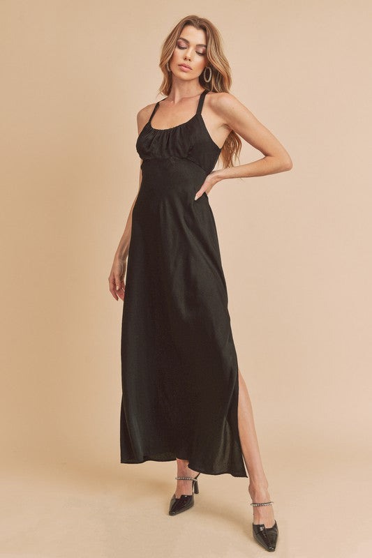Elegant maxi cami dress with side ruching, cutout back, and a side slit