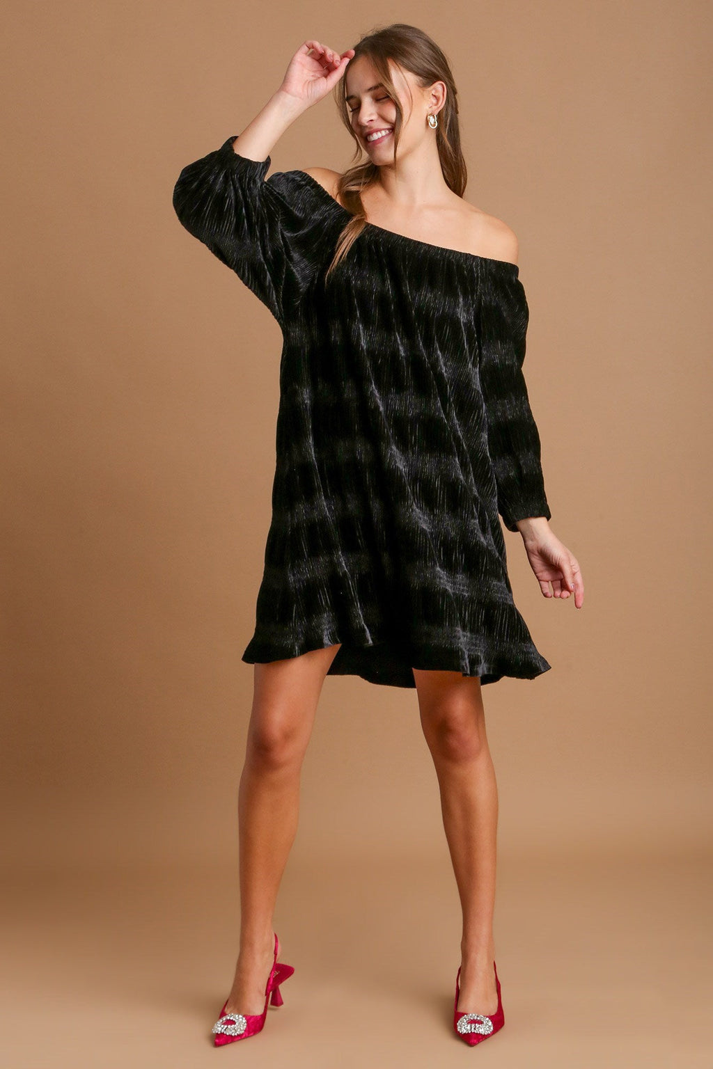 Off-Shoulder Velvet Mini Dress with Balloon Sleeves