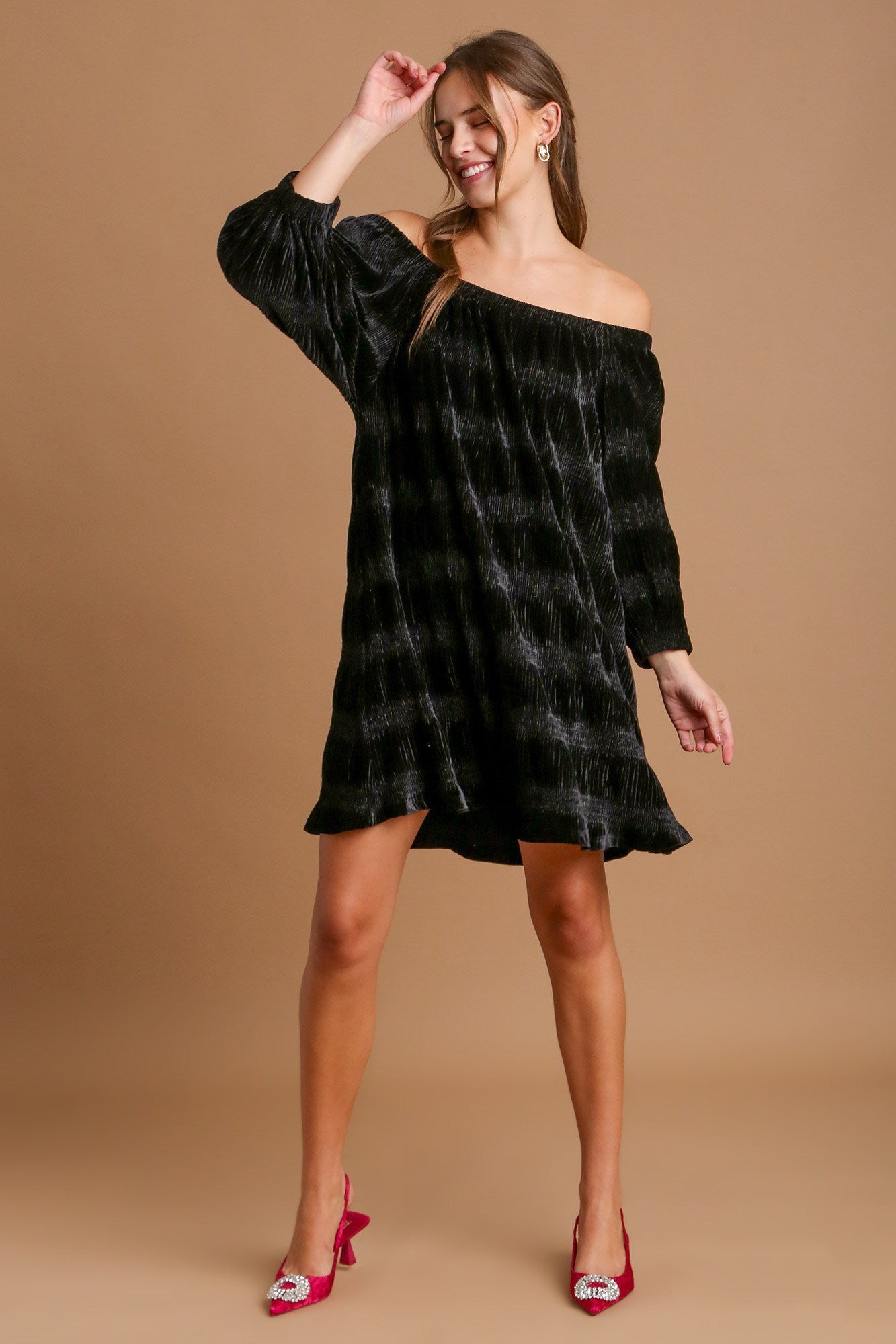 Off-Shoulder Velvet Mini Dress with Balloon Sleeves