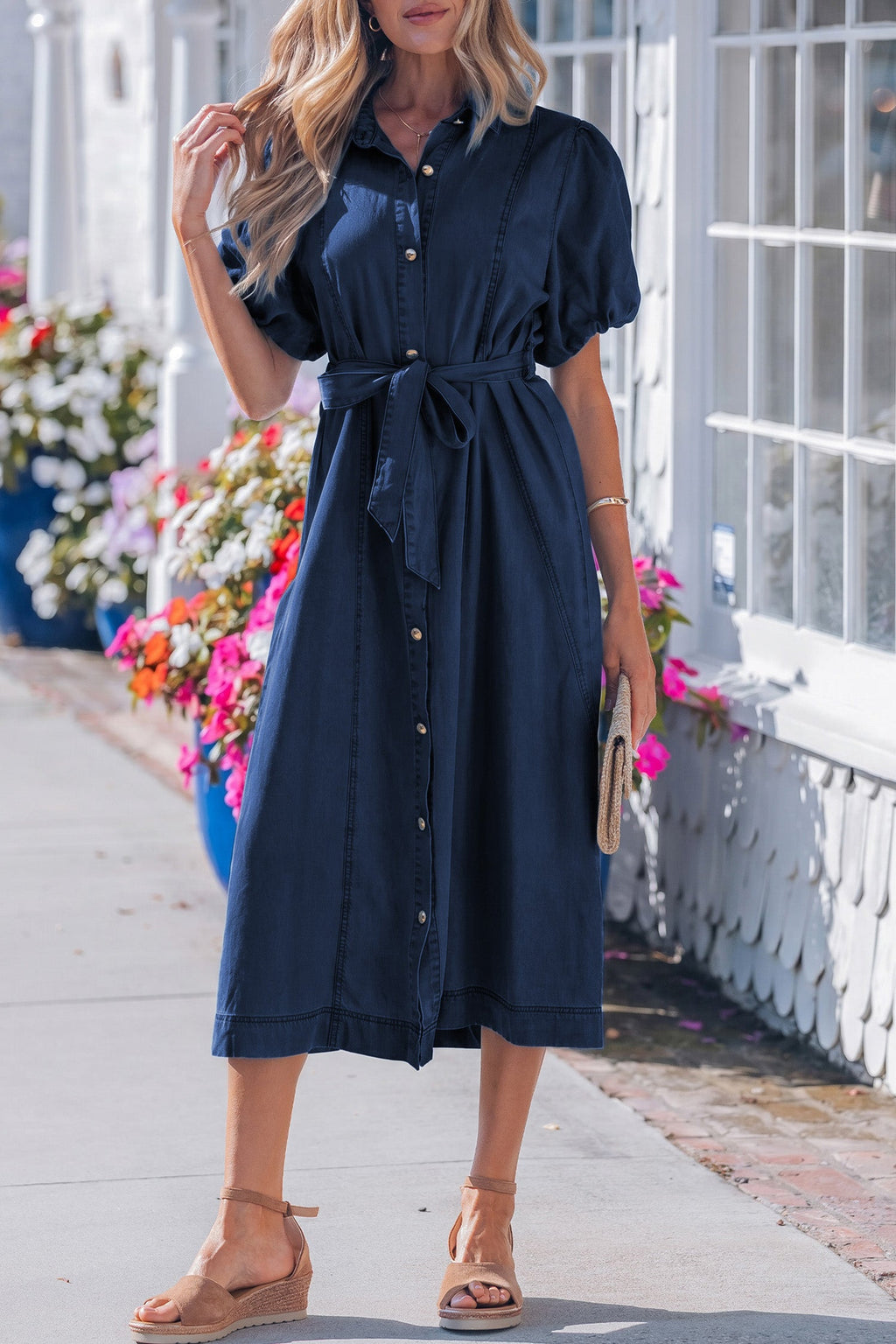 Makayla Bubble Sleeve Denim Button Down Midi Dress in Dark Blue
