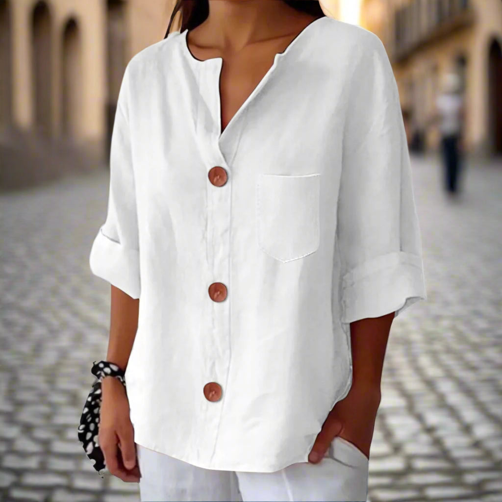 Women’s Loose V Neck Button Up Top in Cotton Linen Blend - Image 5