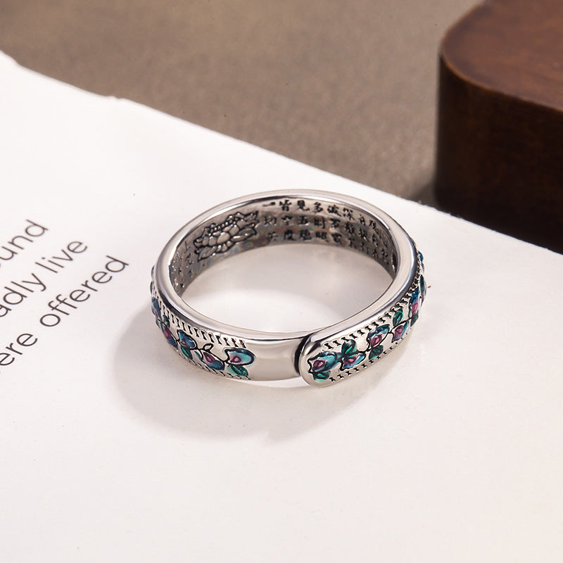 Seven-Color Traditional Enamel Sutra Ring With Apricot-Leaf Vine Pattern