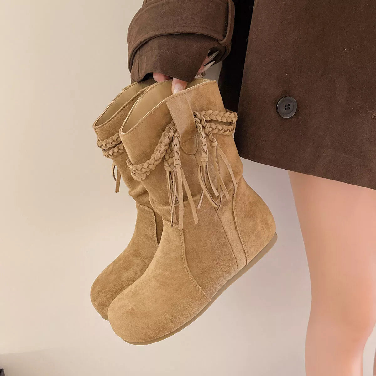 Suede Fringe Round Toe Boots with Block Heel