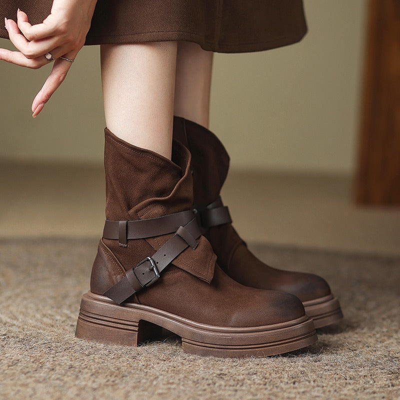 Women’s Brown Retro British-Style Ankle Boots Winter Footwear