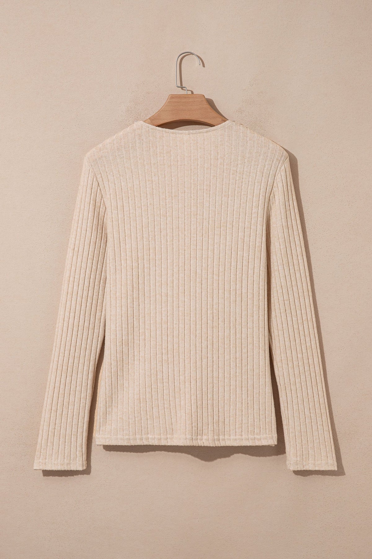 Apricot Solid Color Ribbed Knit Cowl Neck Long Sleeve Top
