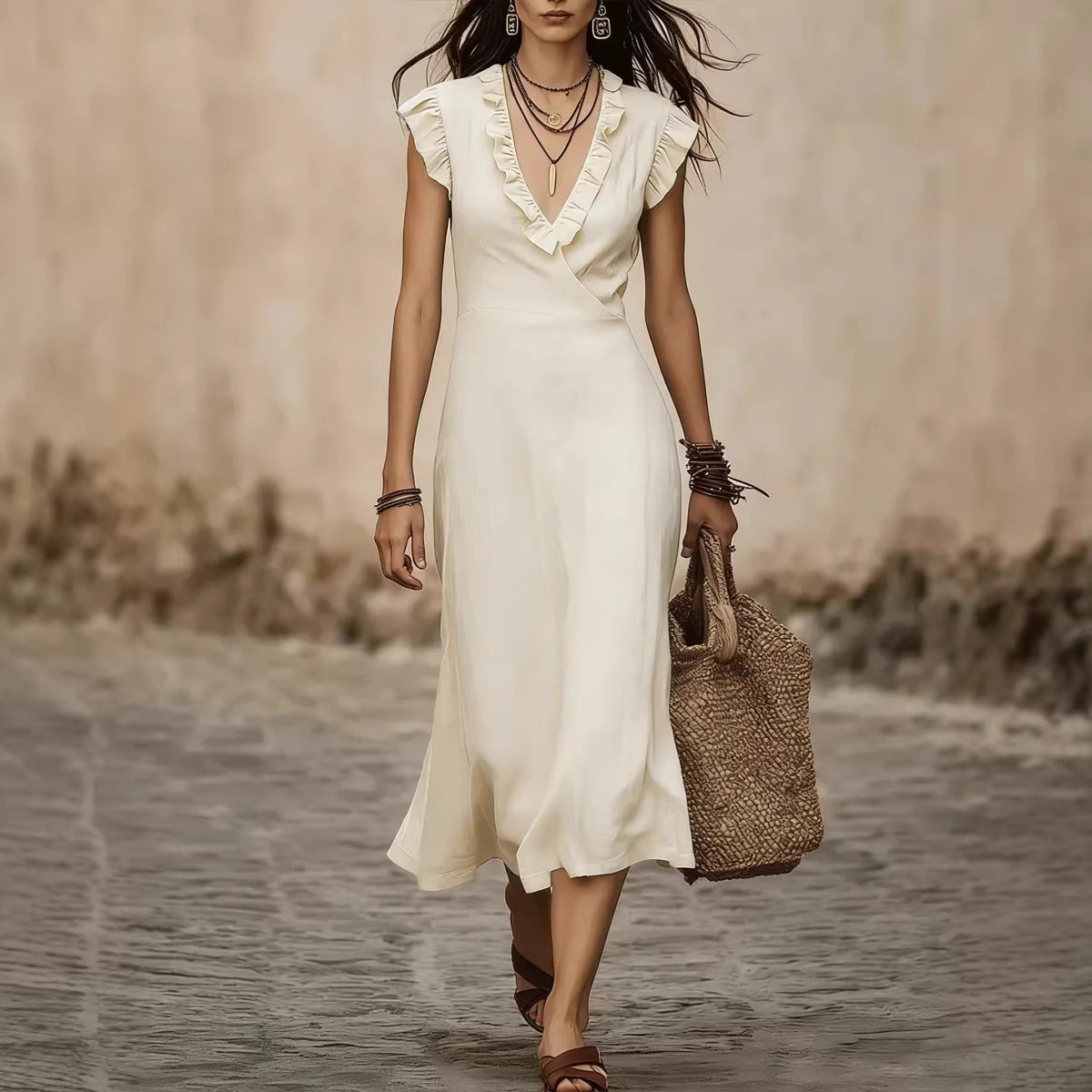 Women's V-Neck Cotton-Linen Ruffle Trim Flutter Sleeve Midi Dress - Image 4