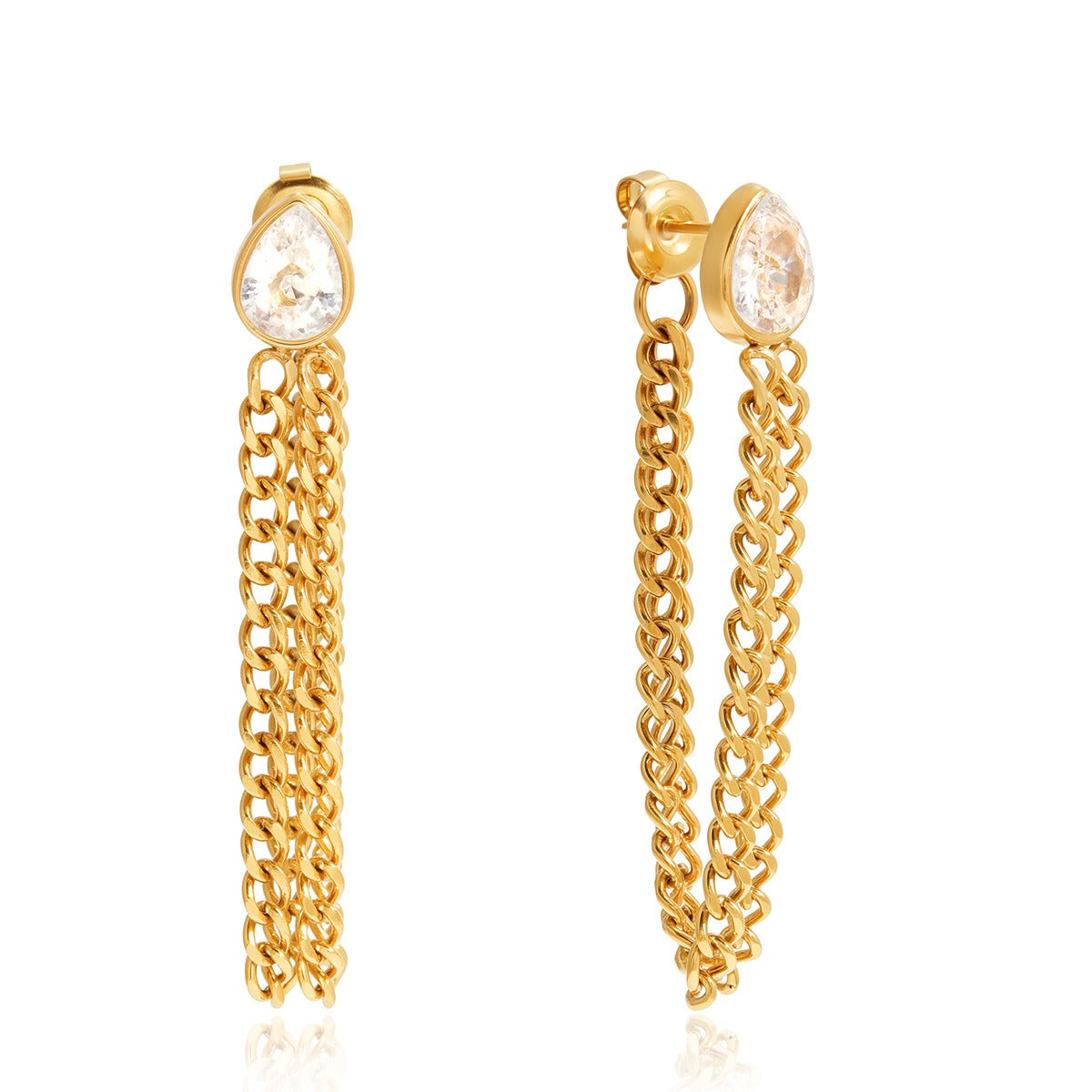 Elegant 18K gold and titanium steel chain tassel earrings with clear zircon accents.