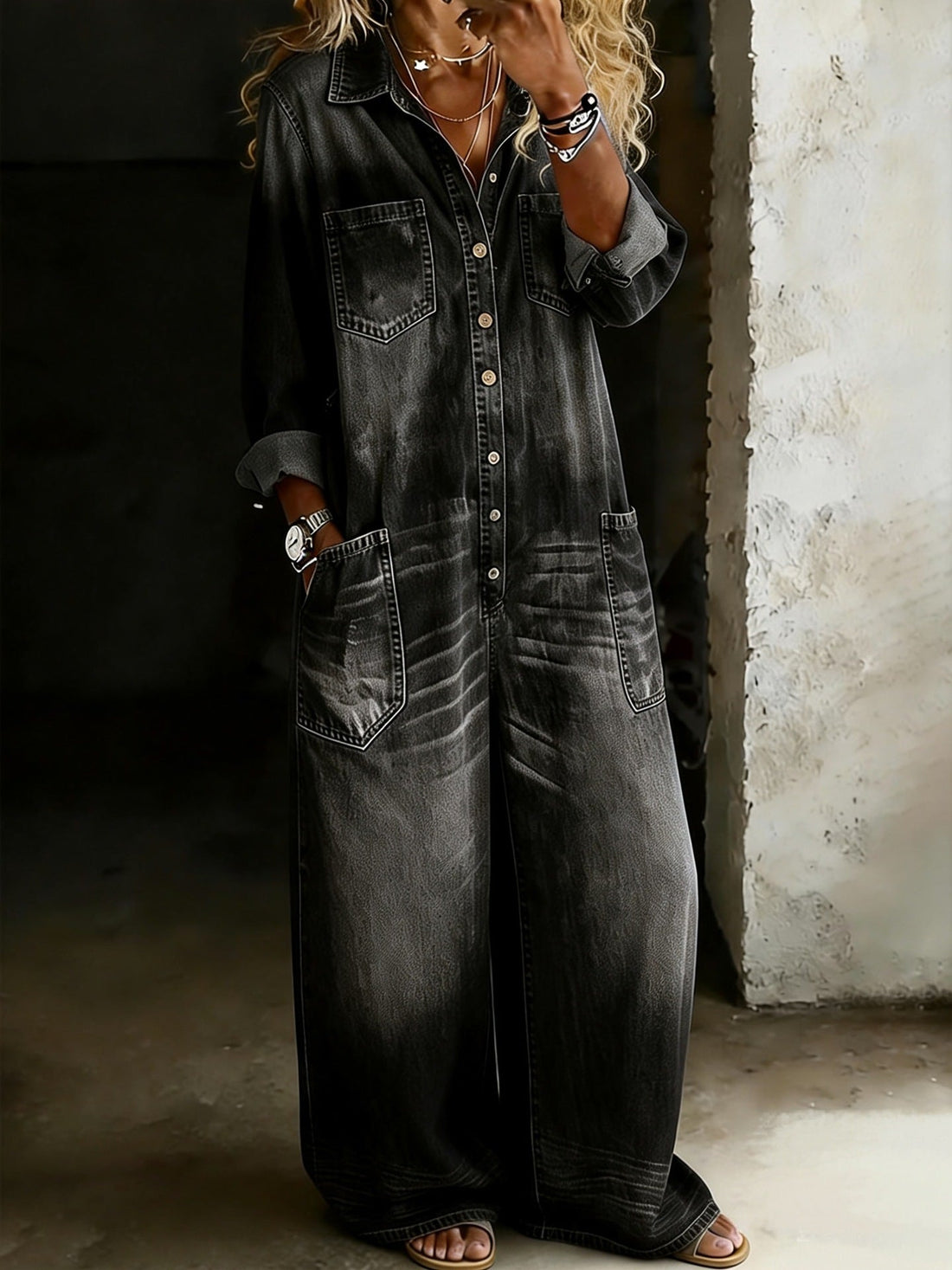 Women's Vintage Washed Wide-Leg Denim Jumpsuit with Pockets