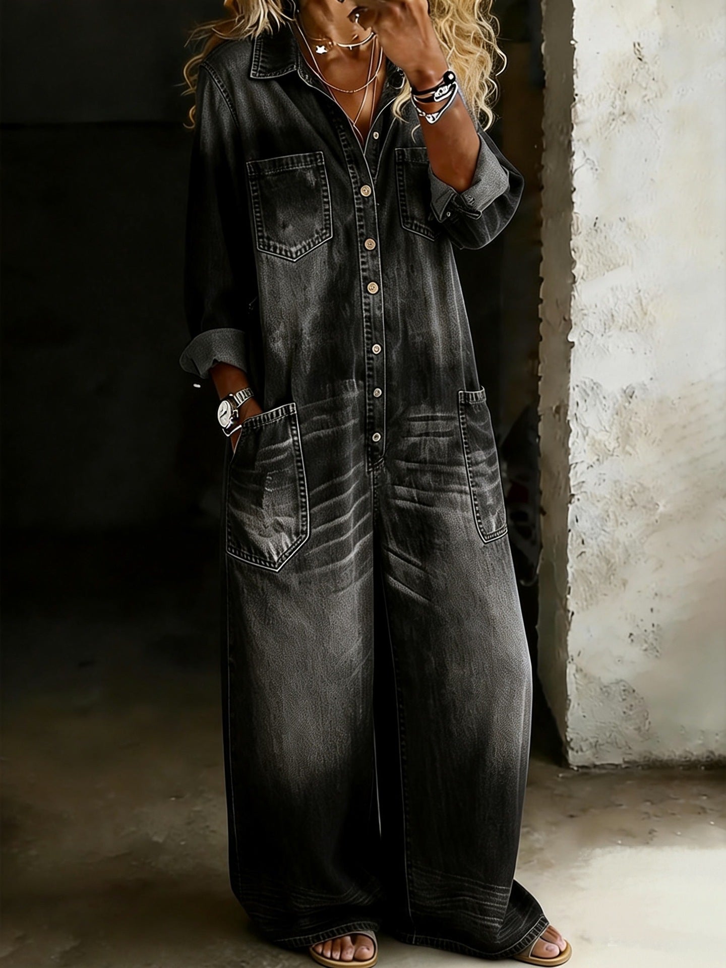 Women's Vintage Washed Wide-Leg Denim Jumpsuit with Pockets