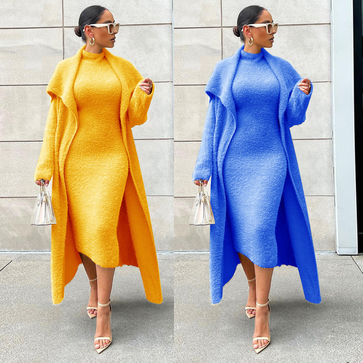 Minimalist Velvet Two-Piece Dress and Long Cardigan Set