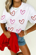 Sequin Heart Short Sleeve Casual Tee | Women's Crew Neck