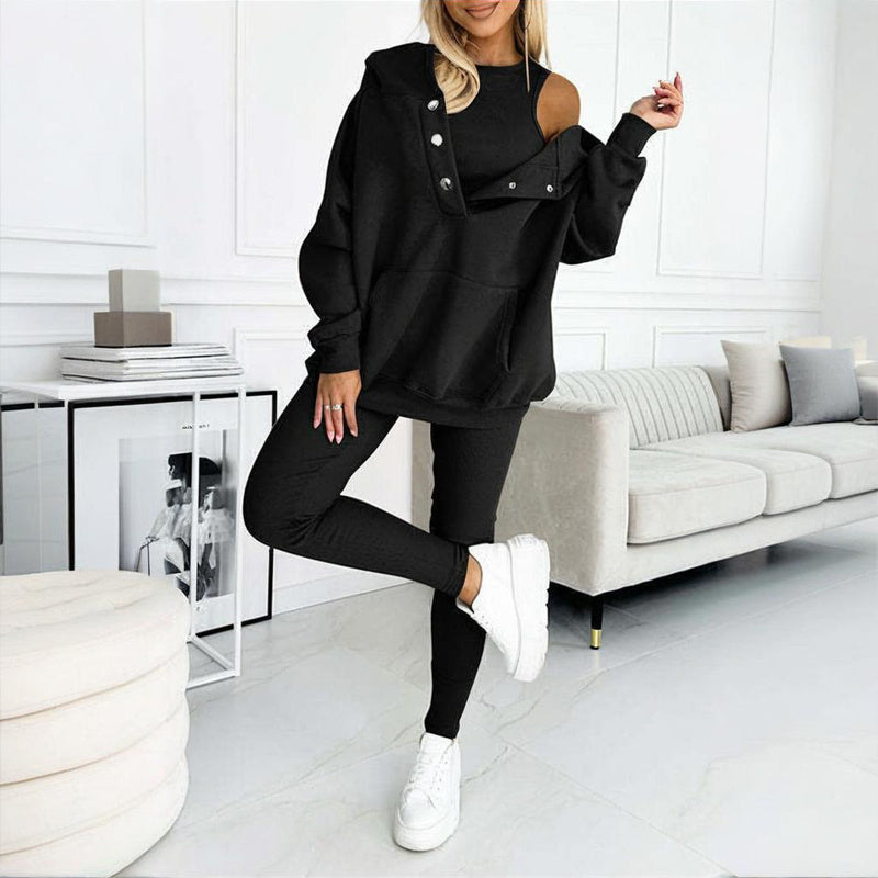 Women Solid Color Three Piece Set Hooded Sweatshirt Vest Pants - Image 9