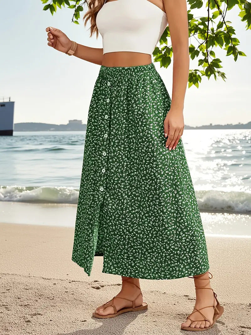 Bohemian Floral Print A-Line Skirt with Self-Tie Waist