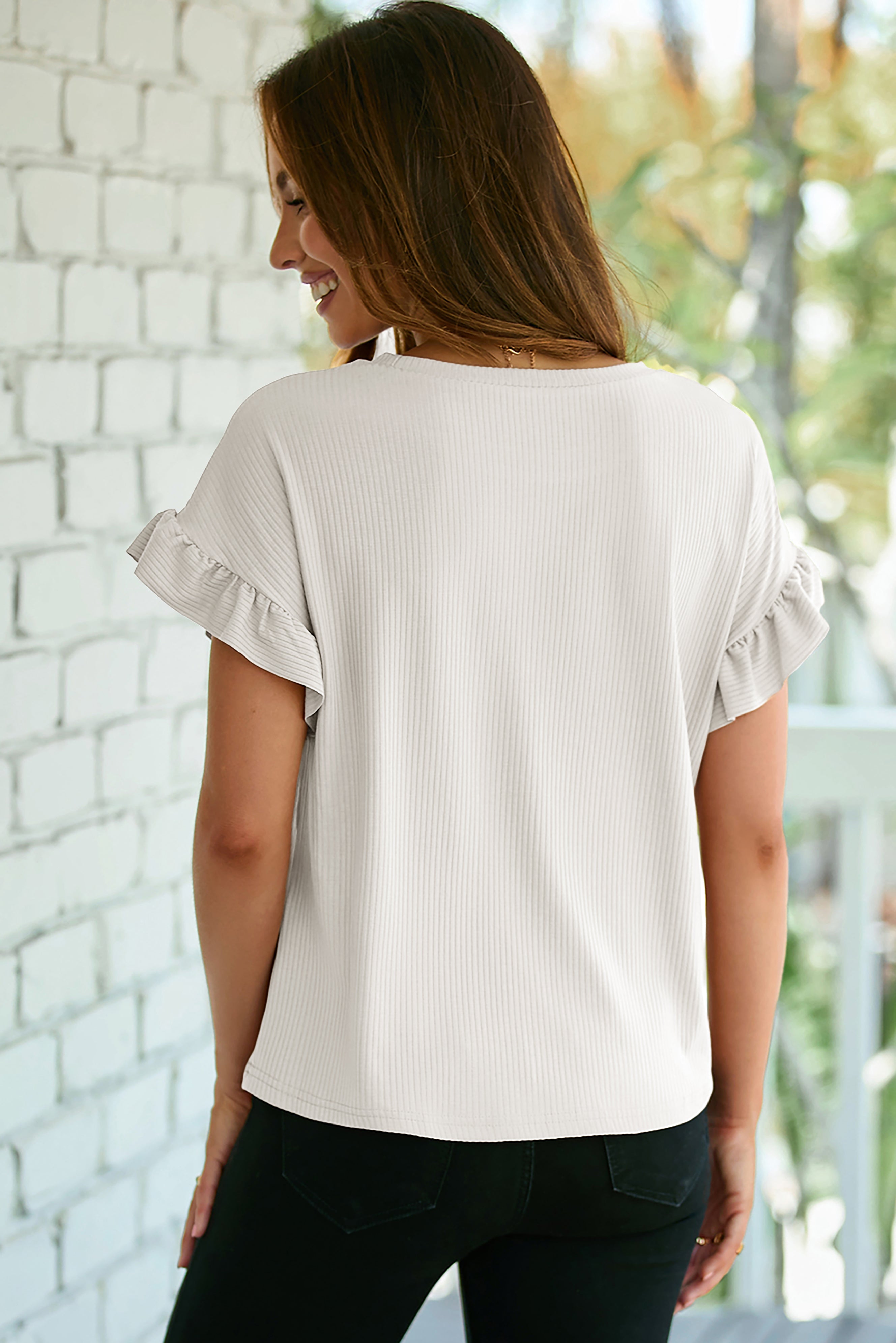 White Ribbed Ruffled Short Sleeve T-Shirt | Stretch Knit Tee