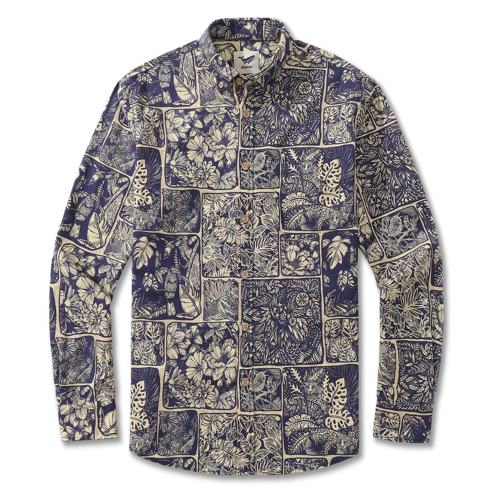 Men's long sleeve cotton button-down shirt with detailed vintage jungle rainforest print