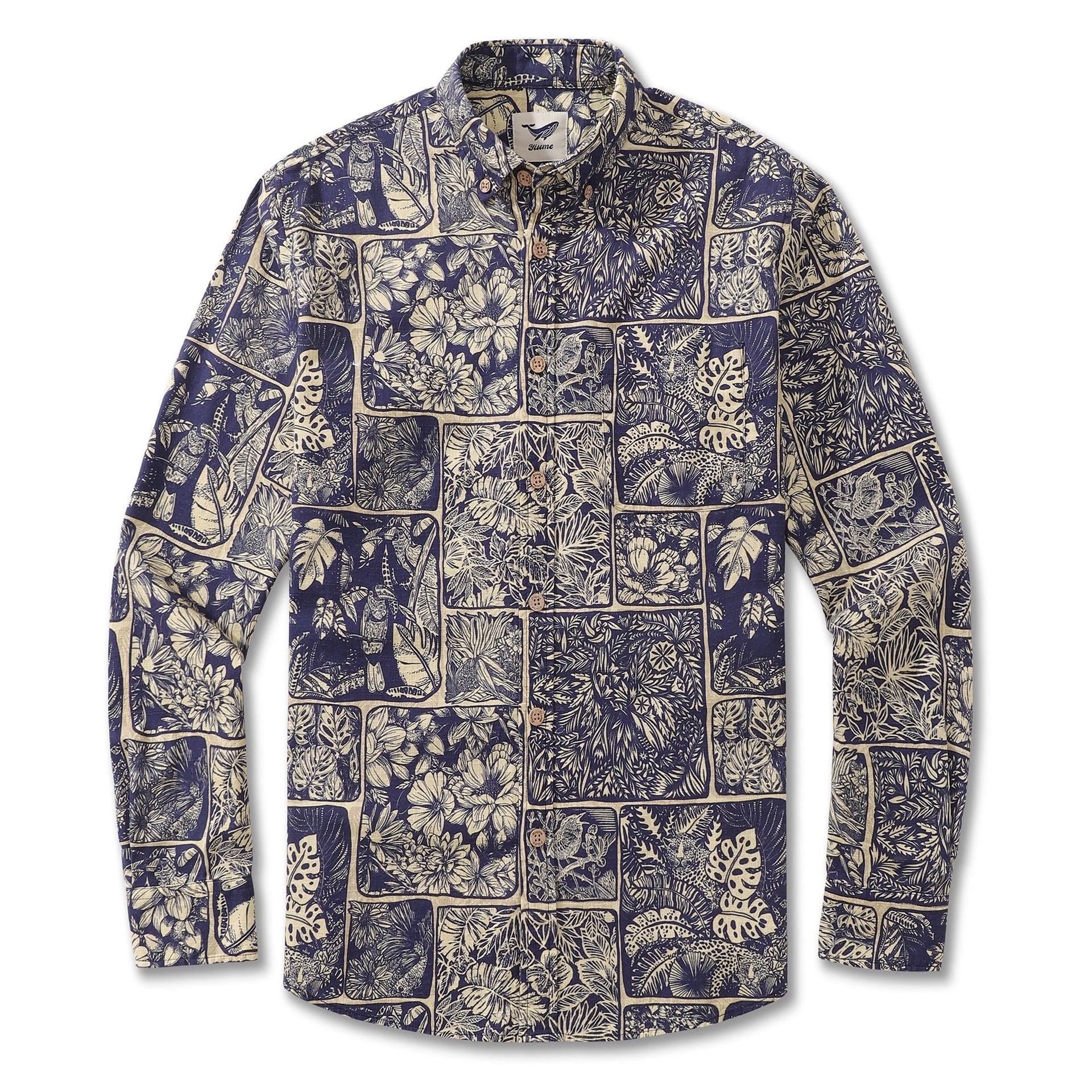 Men's long sleeve cotton button-down shirt with detailed vintage jungle rainforest print