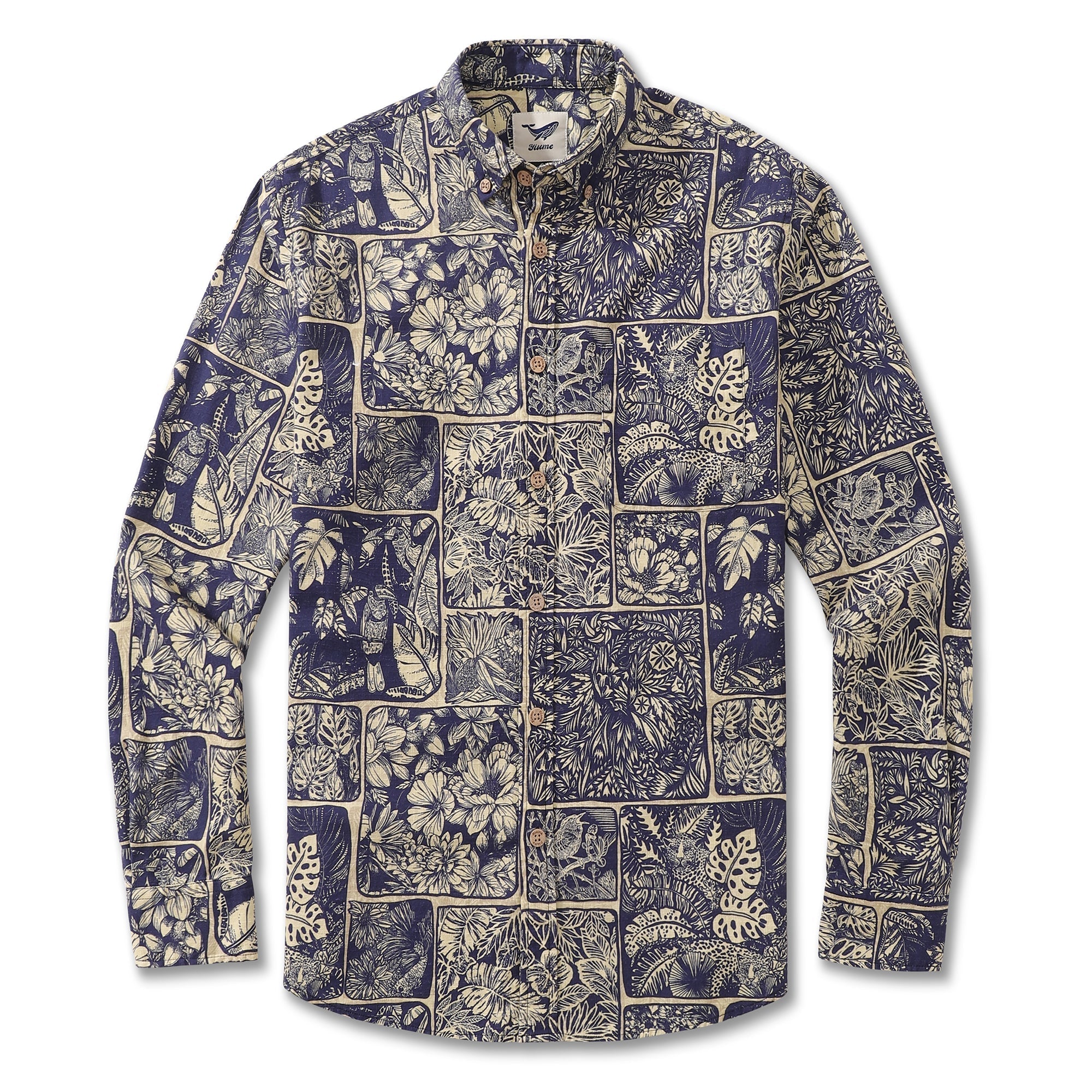 Men's long sleeve cotton button-down shirt with detailed vintage jungle rainforest print