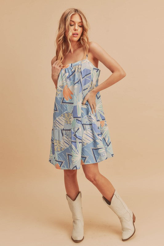 Printed Square Neck Mini Cami Dress with Ruffled Hem