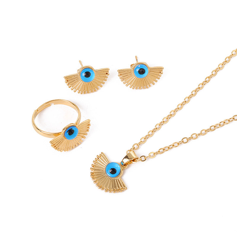 Evil Eye Fan Pendant Necklace Jewelry Set - Gold-Plated Bohemian
