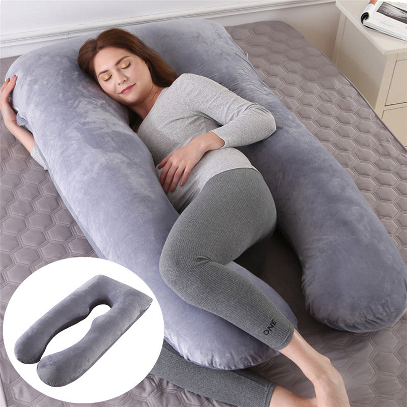 Ergonomic U-shaped maternity pillow with cool-touch ice silk cover for pregnant women.