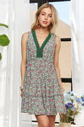 Floral multi-colored sleeveless mini dress with lace trim and v-neck