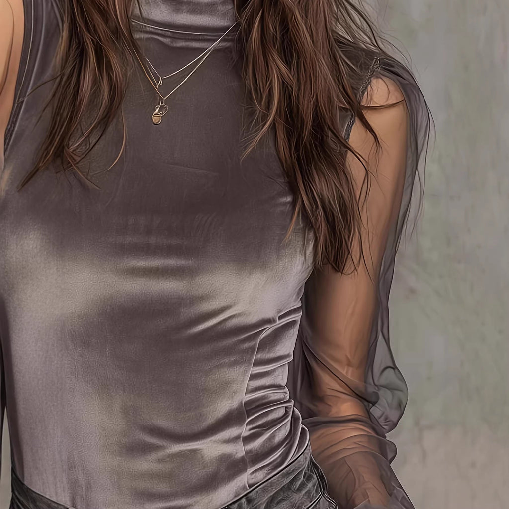 Women's Grey Mock Neck Mesh Sleeve Lace Panel Top - Image 4