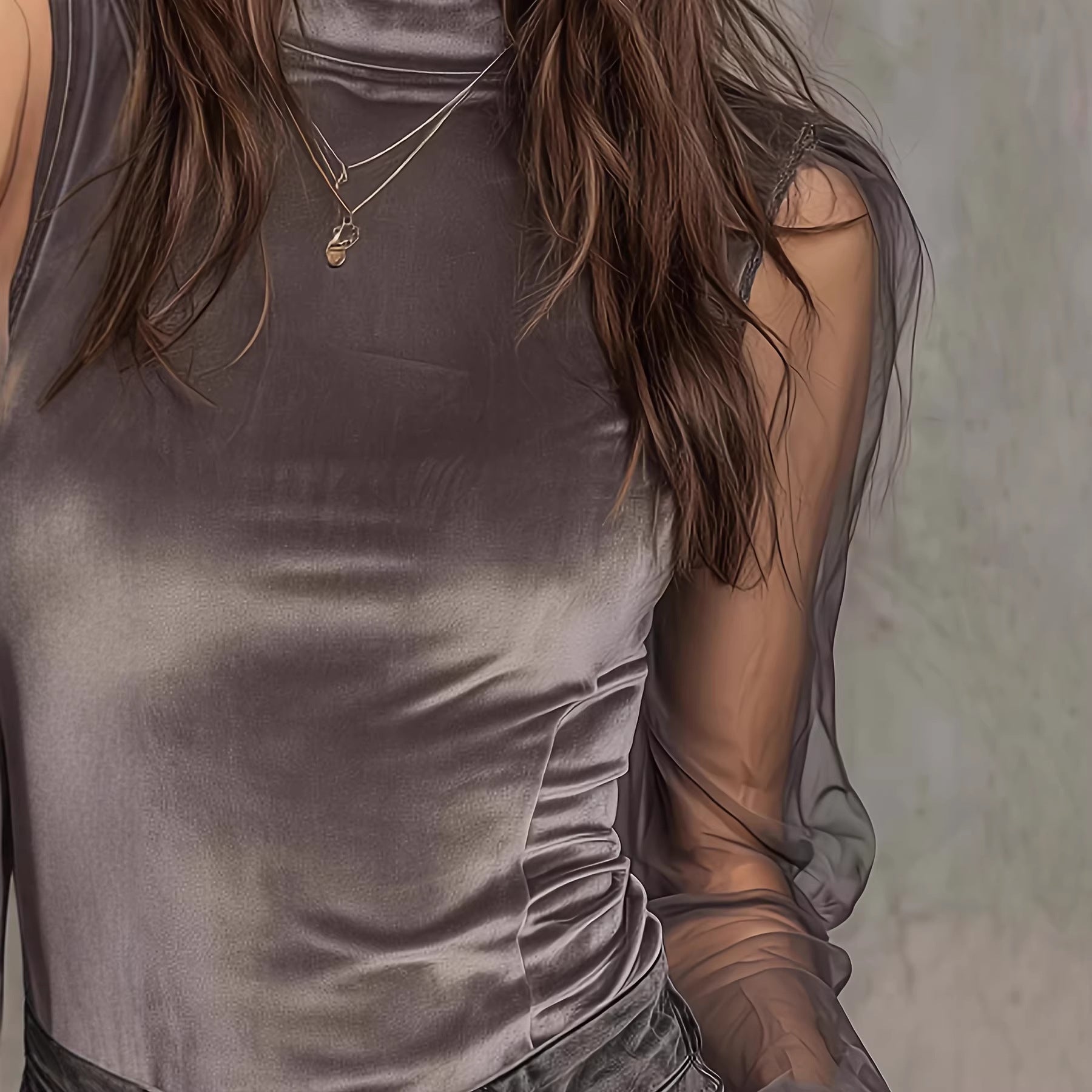 Women's Grey Mock Neck Mesh Sleeve Lace Panel Top - Image 4