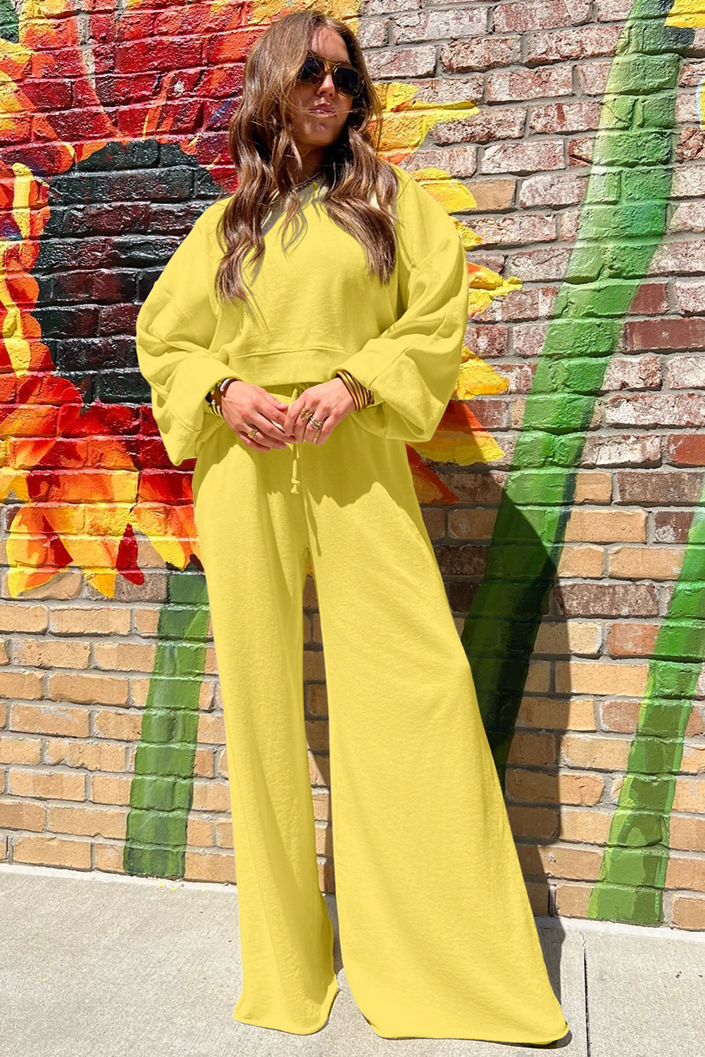 Yellow Cream Drop Shoulder Crop Pullover Wide Leg Pants Set