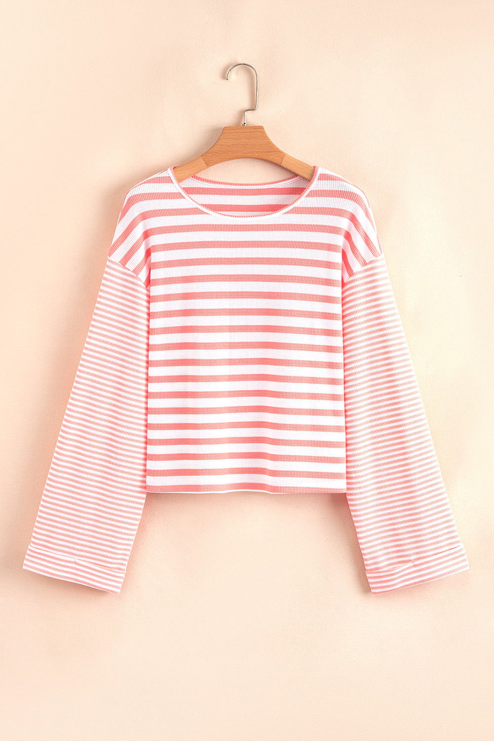 Women's Pink and White Colorblock Striped Textured Long Sleeve Top