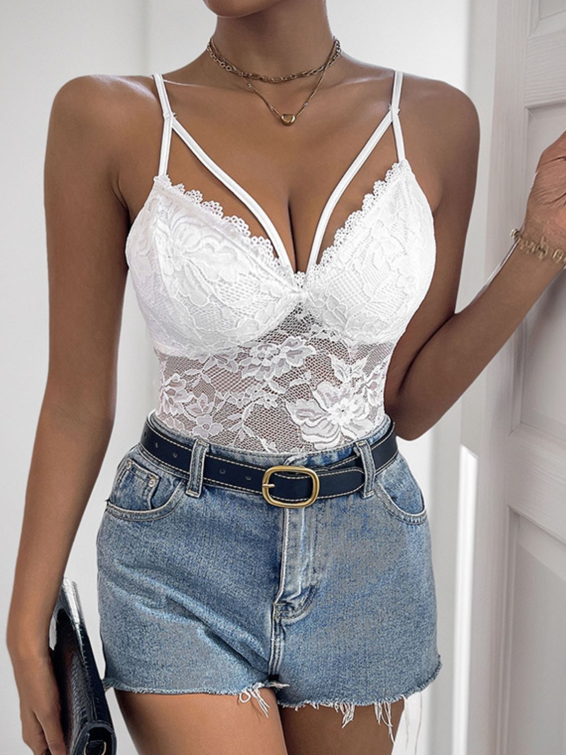 White Spaghetti Strap Lace Bodysuit Sheer Floral Stretchy Top