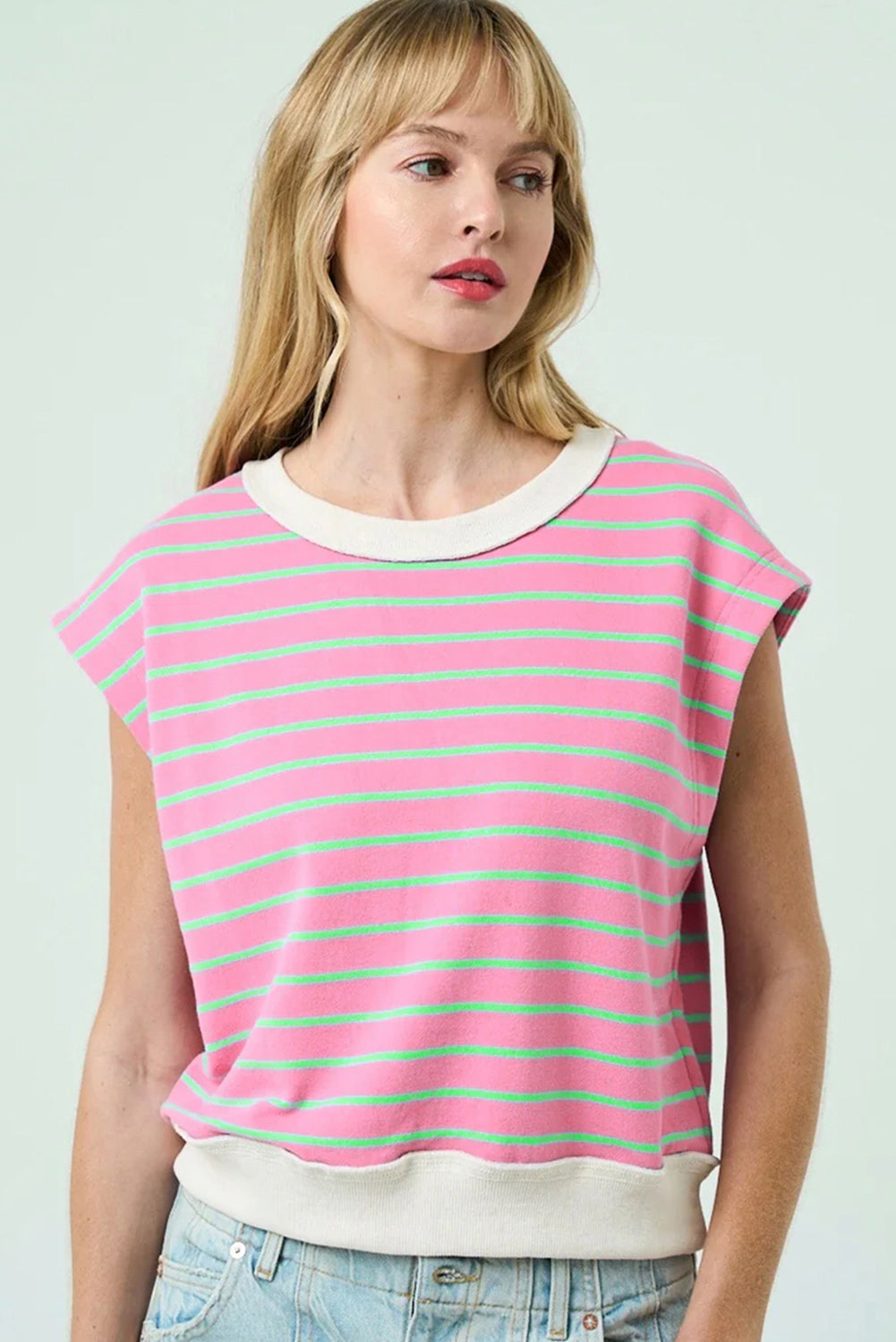 Sachet Pink Striped Crew Neck Cap Sleeve T-Shirt