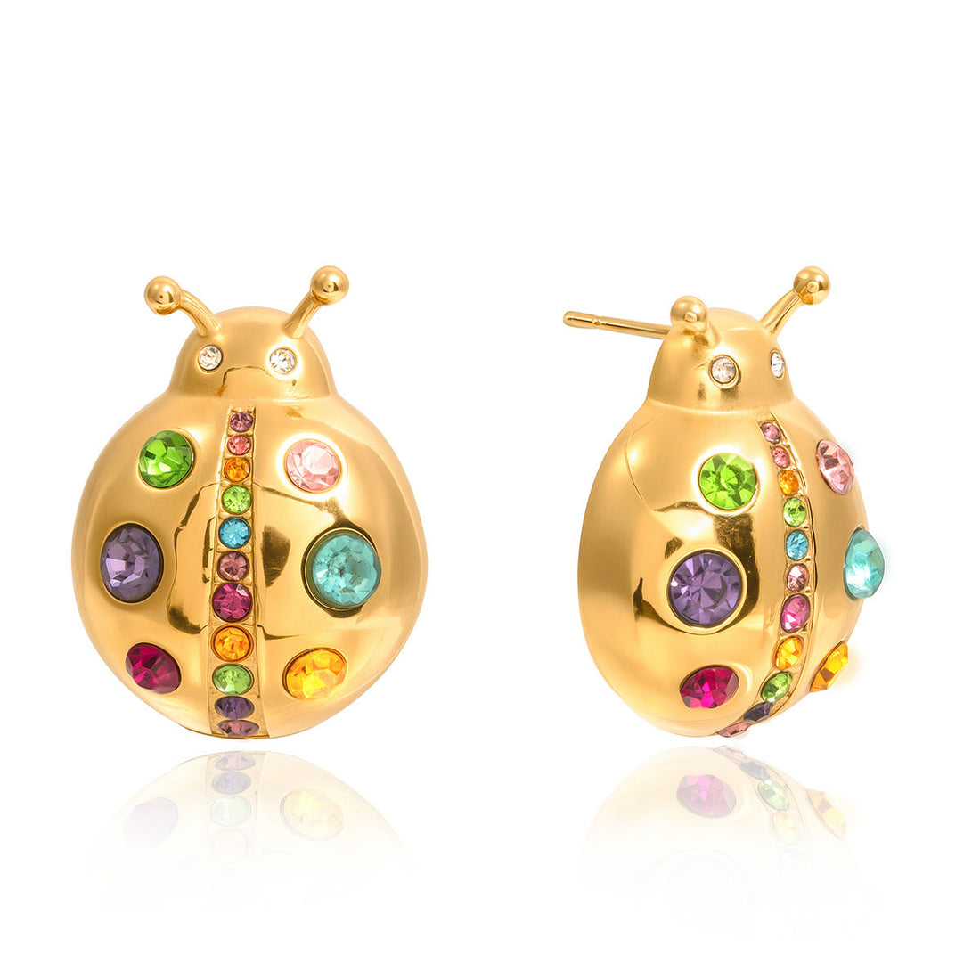 Colorful Zircon Ladybug Stud Earrings in Gold Stainless Steel