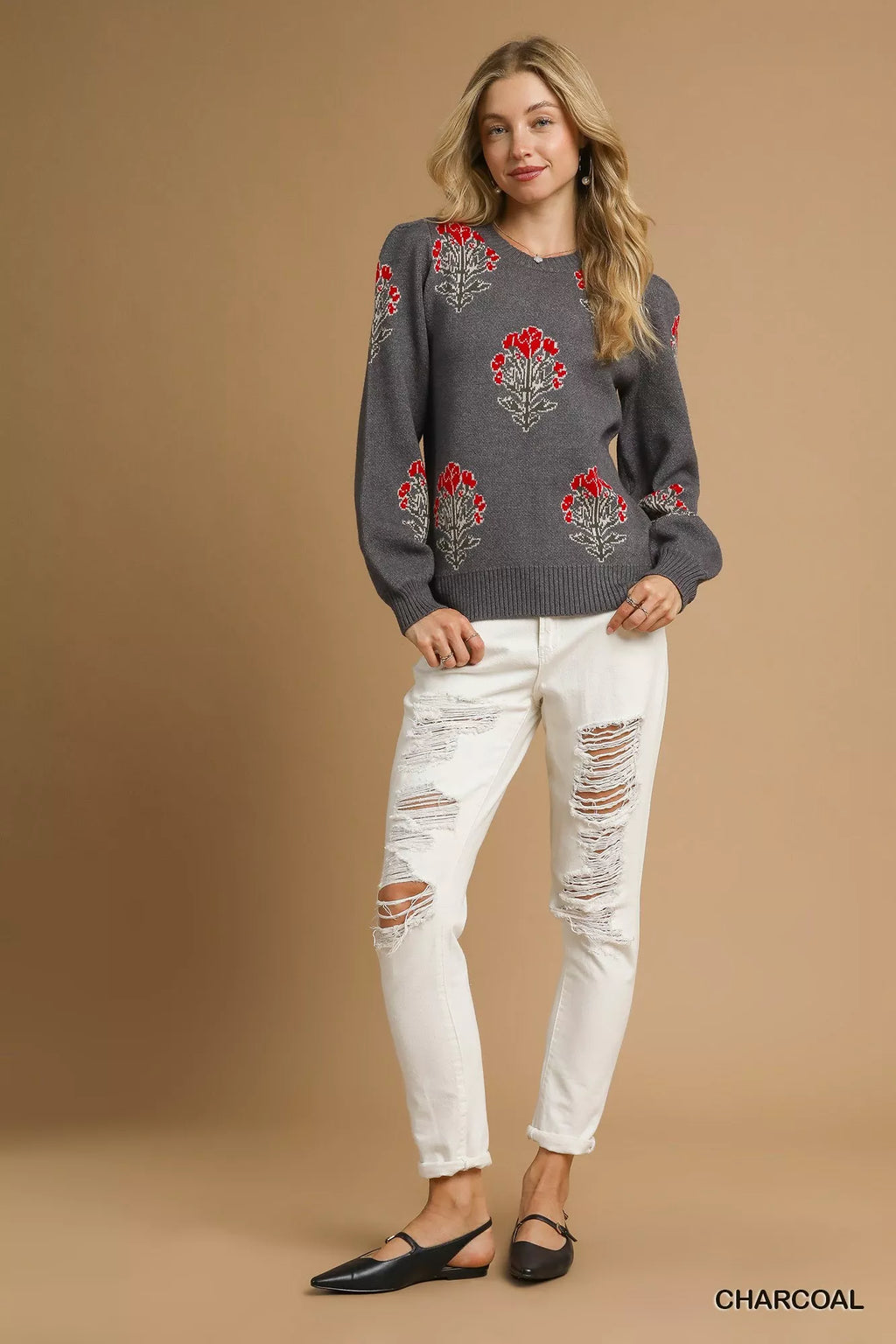 Single Flower Stem Jacquard Pullover Sweater in Charcoal