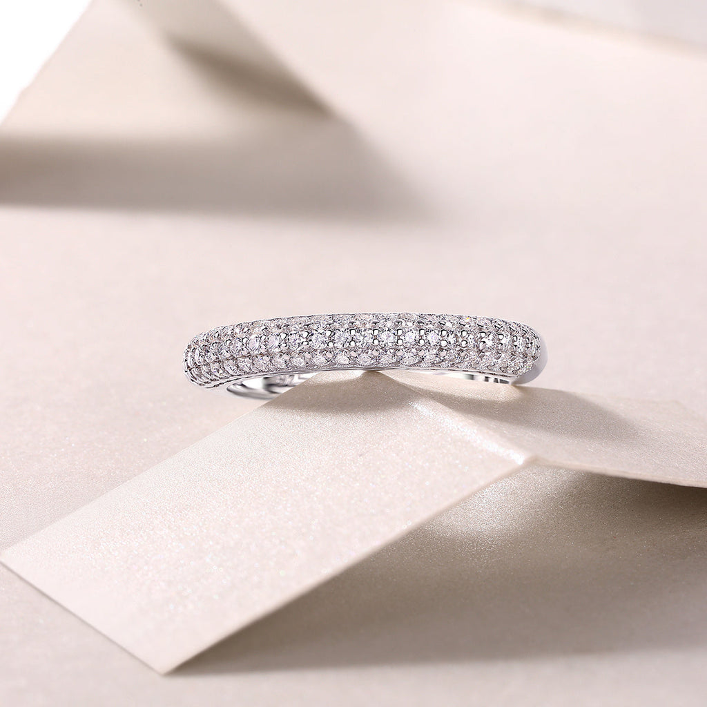 S925 Silver 3.3g Platinum Plated Moissanite Ring, 4.0mm 63pcs D VVS1 Micro Pave Band, GRA Certified US 5-9