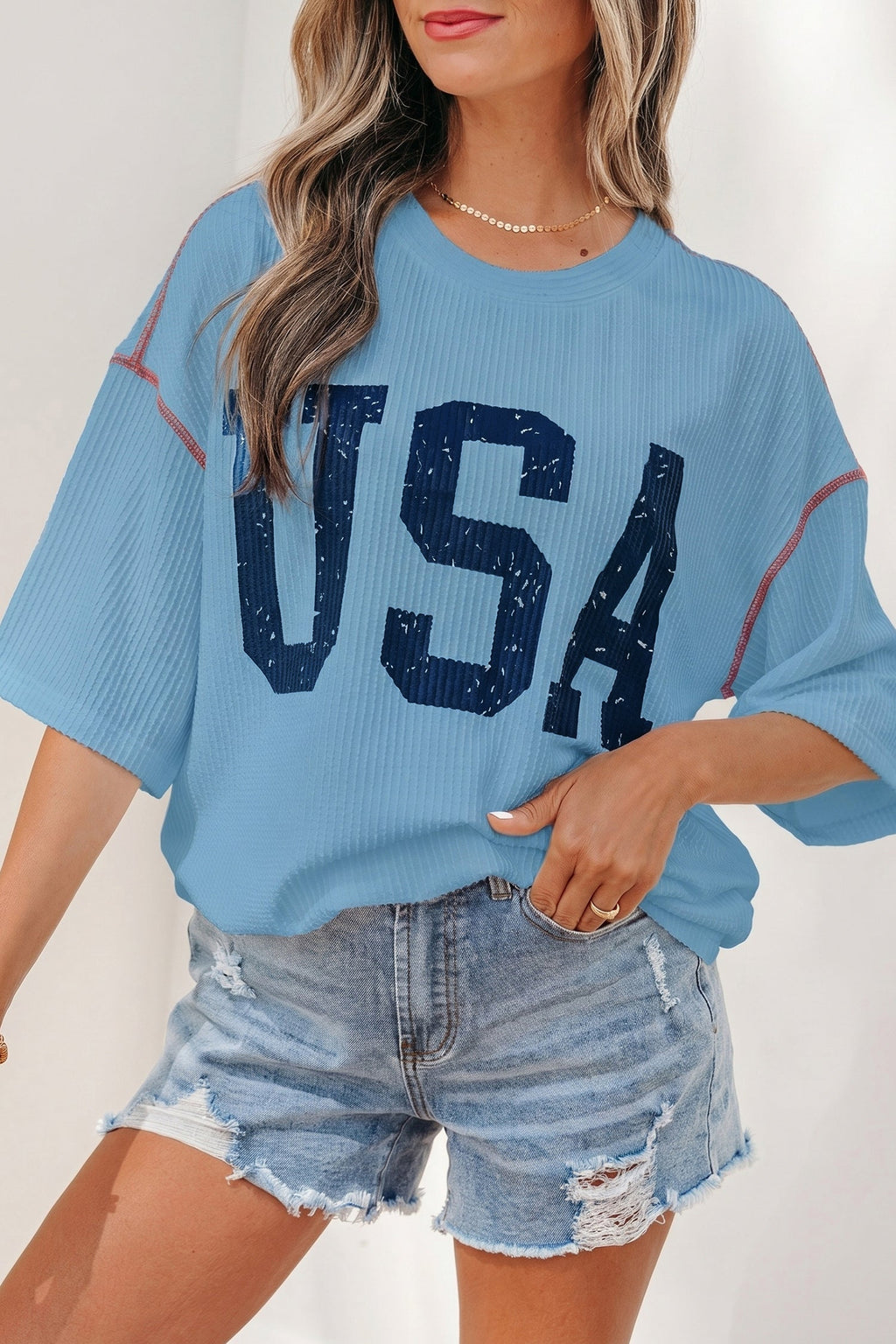 White USA Graphic Half Sleeve Loose Ribbed Top
