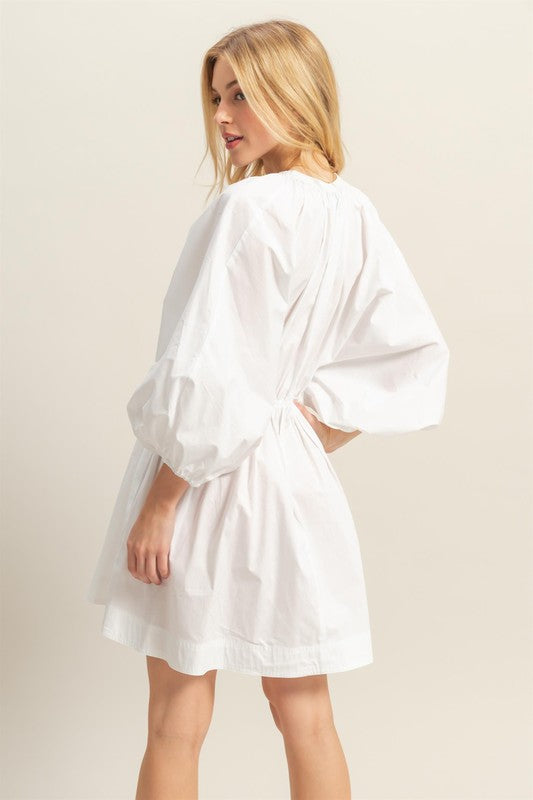 Plunge Balloon Sleeve Poplin Mini Dress with Pockets