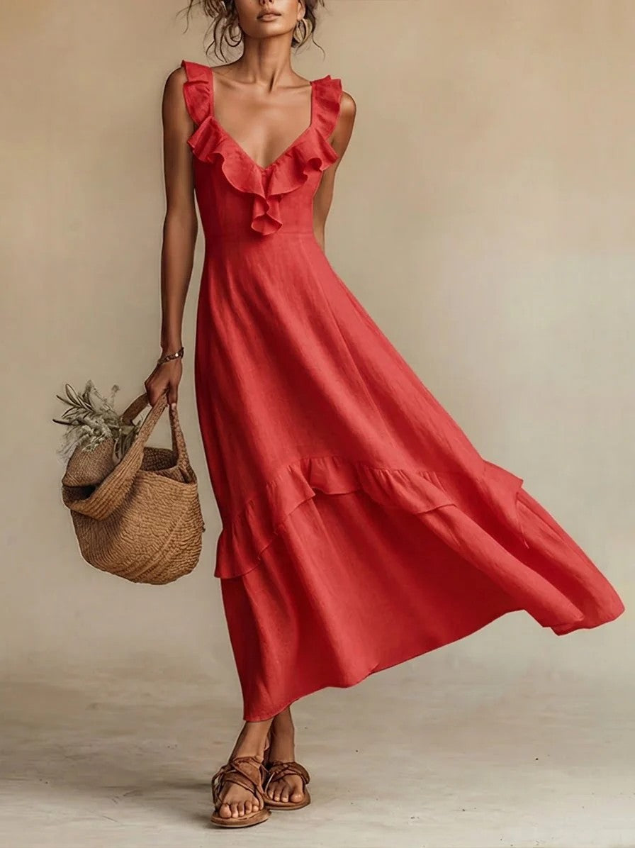 Sleeveless Ruffle Maxi Dress with High Waist Detail - Image 11