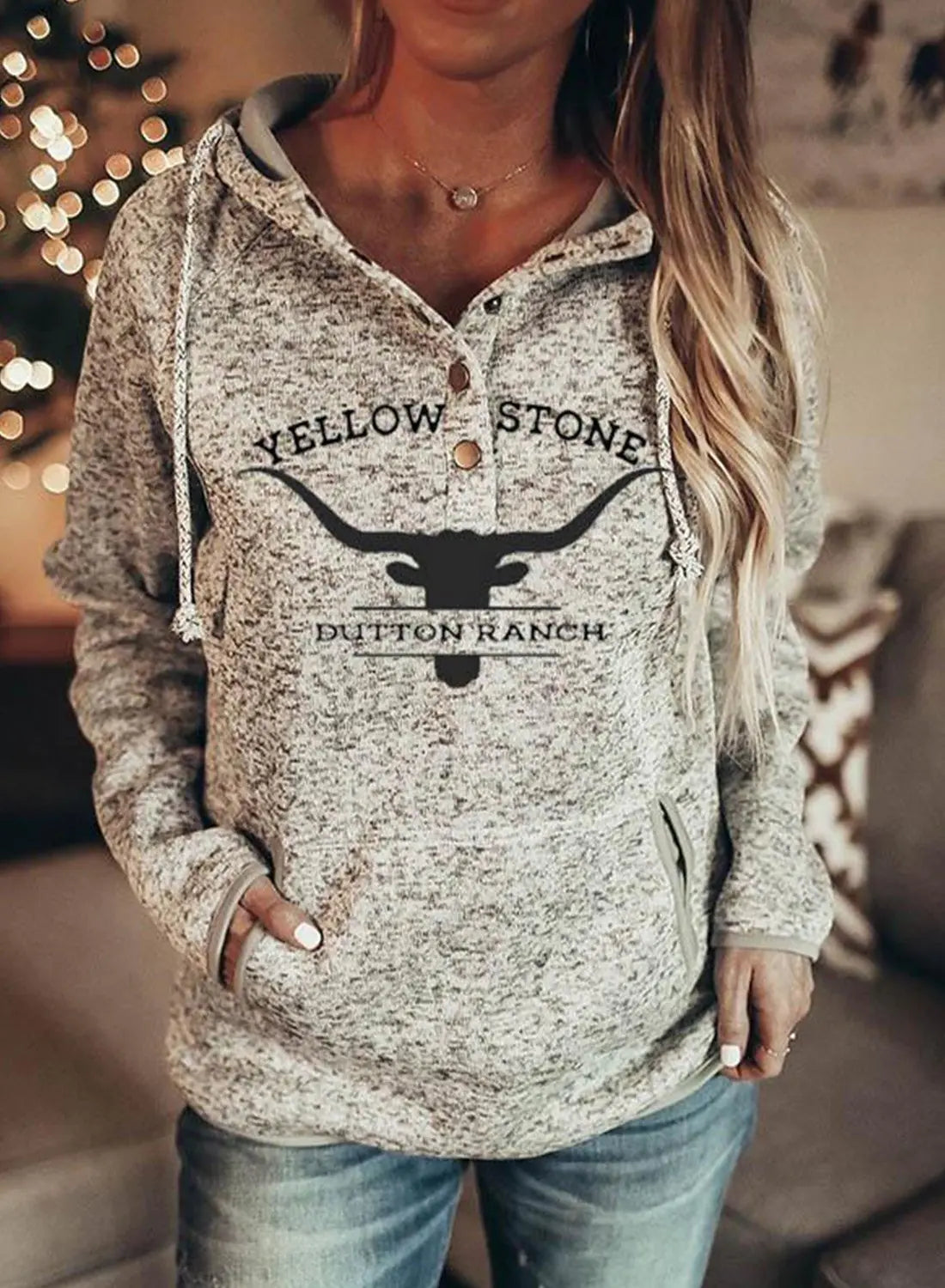 Women Grey Yellowstone Dutton Ranch Graphic Hooded Pullover Sweater - Image 6