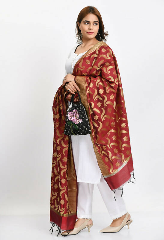 Maroon Banarasi Silk Dupatta with Floral Woven Gold Design