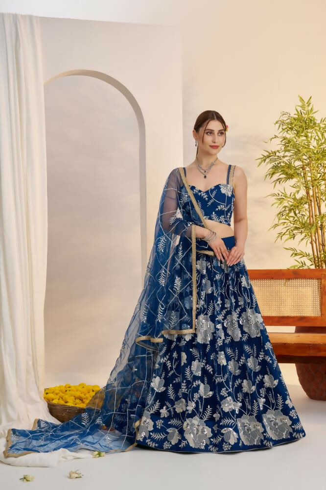 Peach Blue Butterfly Net Lehenga with White Thread & Sequence Work