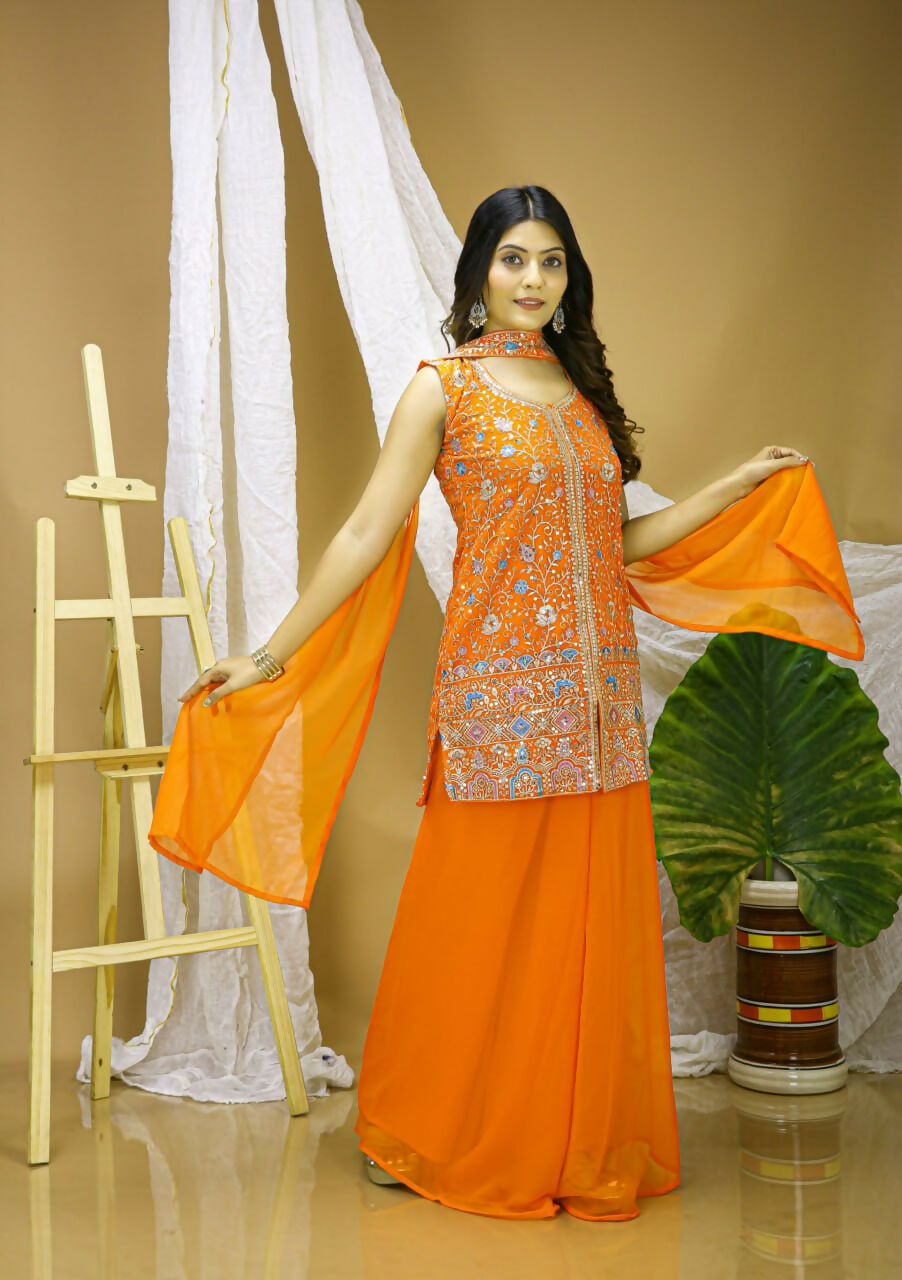 Orange Georgette Embroidered Sharara Set - Vibrant Festive Outfit