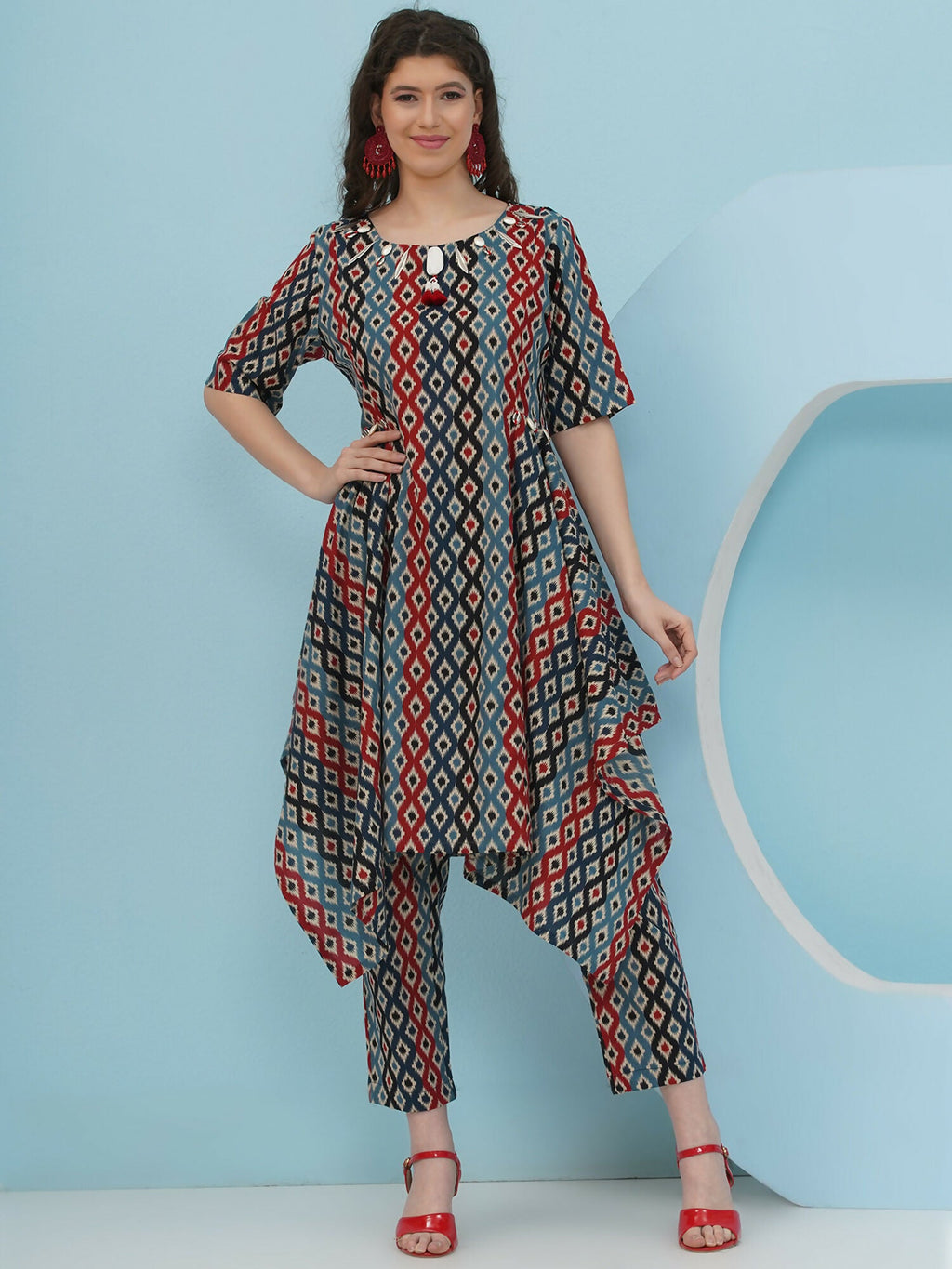 Blue and red Ikkat print 2-piece cotton co-ord set